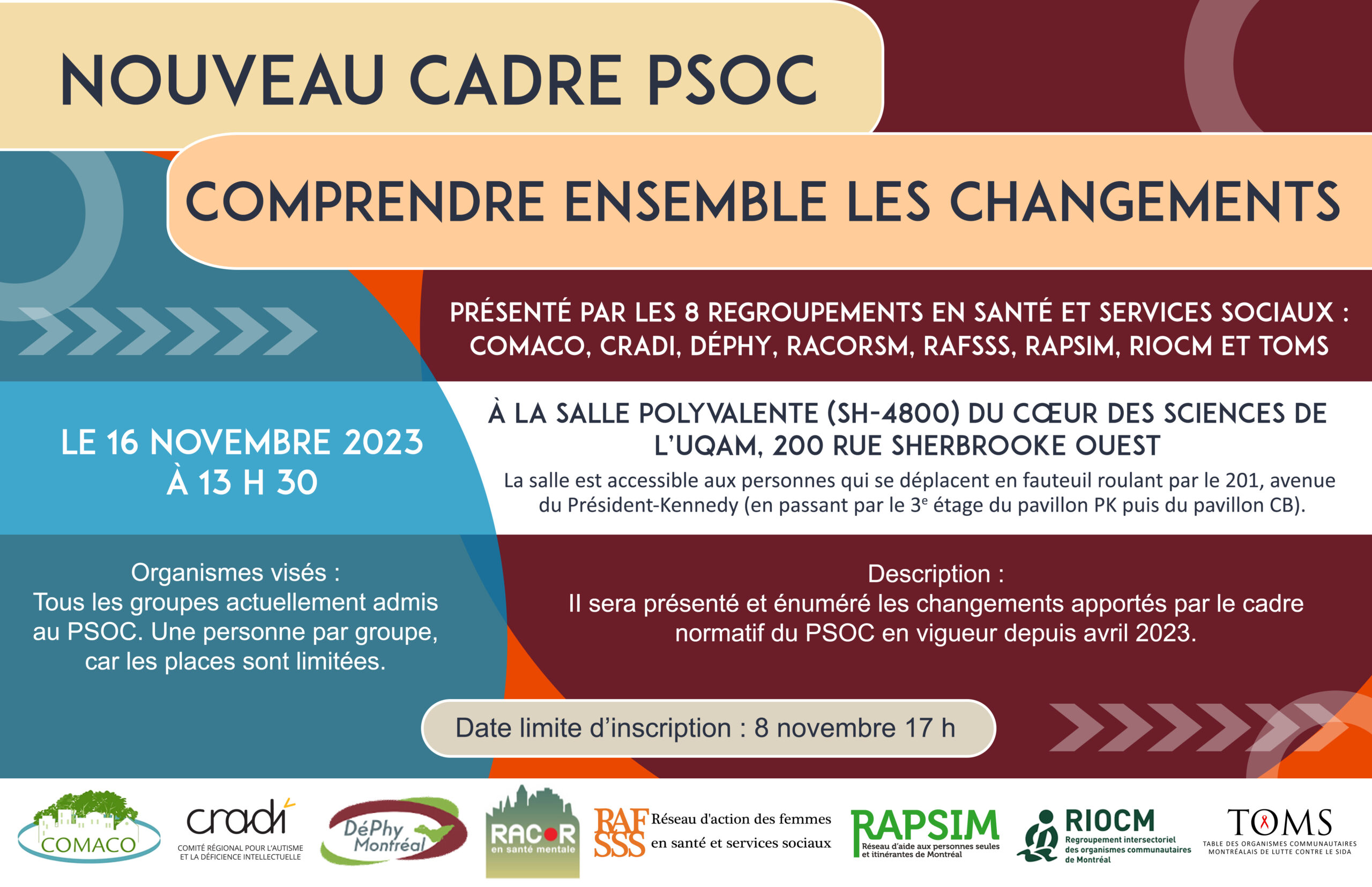 Affiche pour assemblée PSOC Montréal 16 novembre 2023